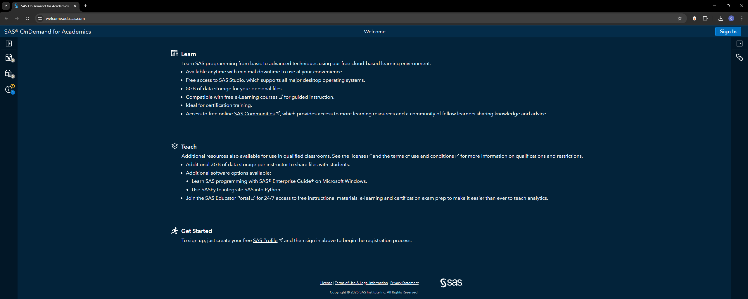 Página de bienvenida de SAS OnDemand: botón "Sign In".