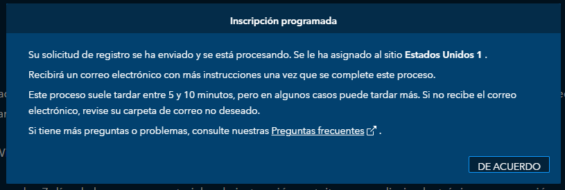 Confirmación de recepción de solicitud; botón "DE ACUERDO".