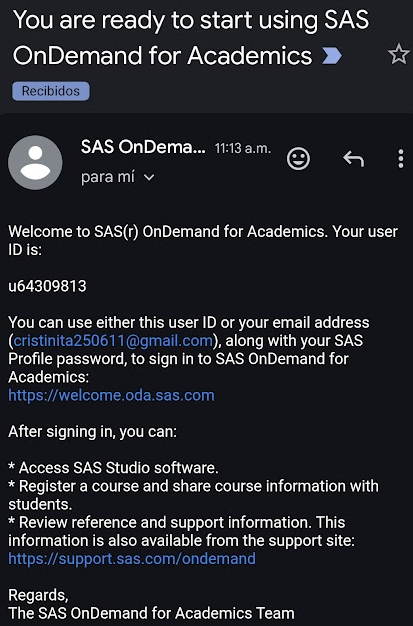 Correo con usuario asignado de SAS OnDemand.