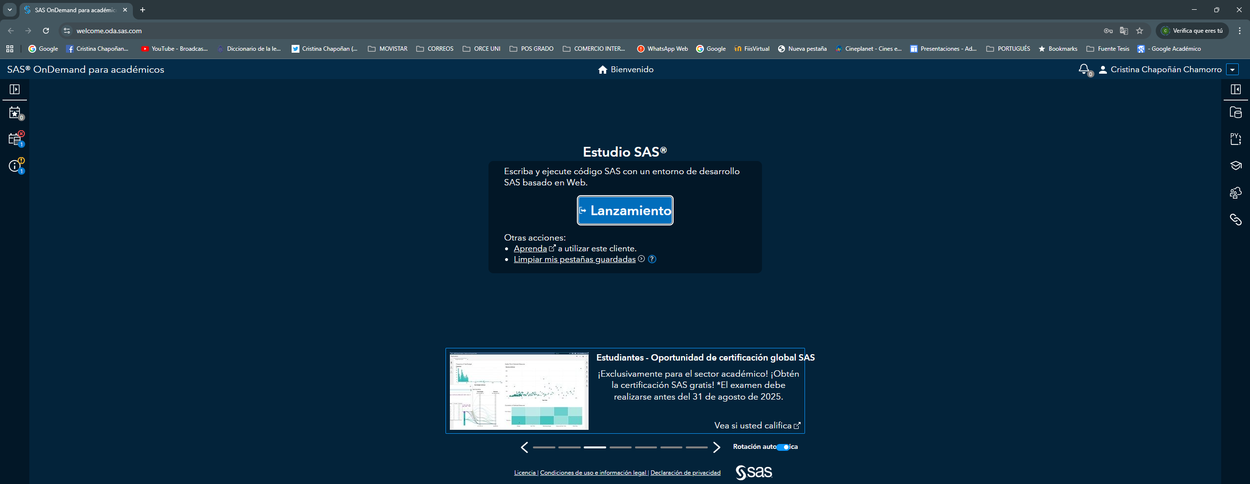 Portal ODA: botón "Lanzamiento" de SAS Studio.