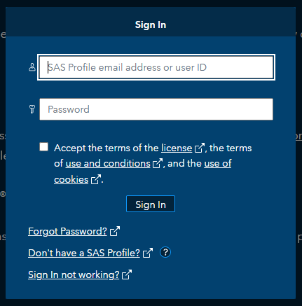 Pantalla de inicio de sesión de SAS (SAS Profile) con enlace "Don't have a SAS Profile?" y aceptación de términos.