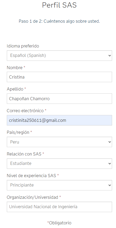 Formulario de creación de SAS Profile: datos personales y de contacto.