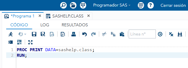 Editor Program1 con PROC PRINT de sashelp.class.
