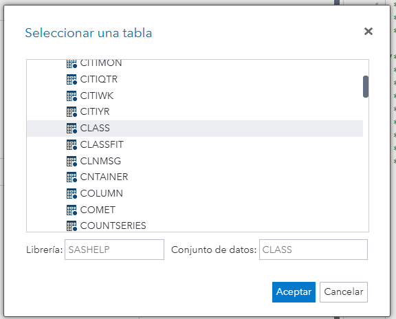 Selector de datos: dataset CLASS.