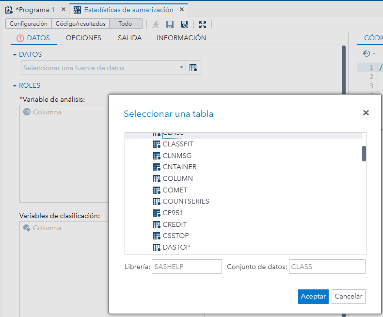 Confirmación de selección de dataset (Aceptar).