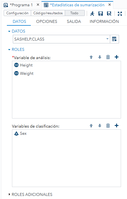 Configurar variables y estadísticos (media por Sex).