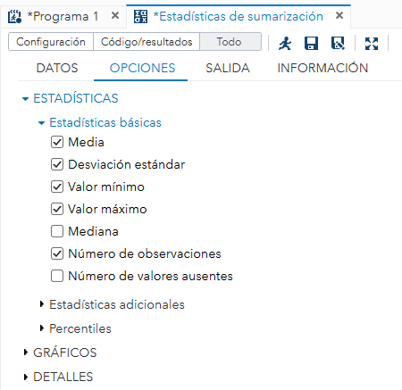 Selección de estadísticas a calcular.