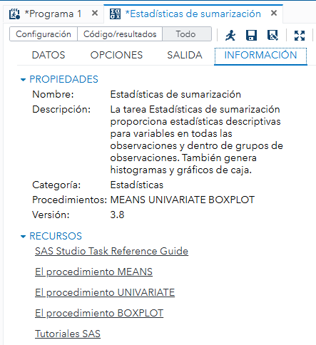 Pestaña INFORMATION: resumen de la configuración.