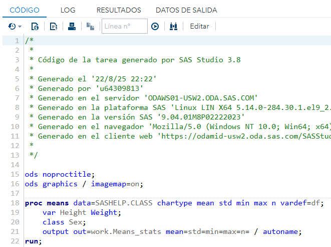 Pestaña CODE: código SAS generado automáticamente.