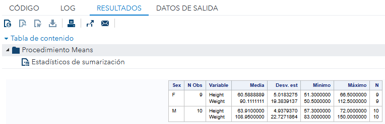 Pestaña RESULTS: resultados de Summary Statistics.