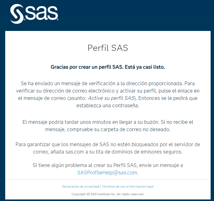 Aviso de verificación: revisar correo para activar el perfil.