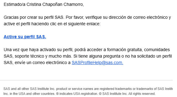 Correo de activación de SAS: enlace "Active su perfil SAS".