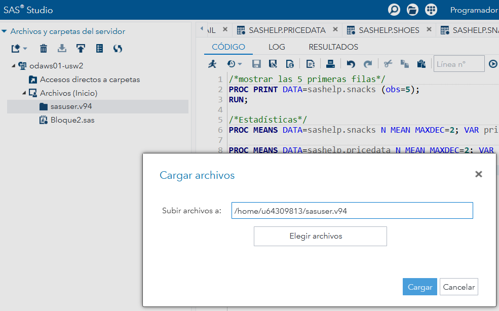 SAS Studio: carpeta de destino y diálogo de subida de archivo (seleccionar Excel/CSV).