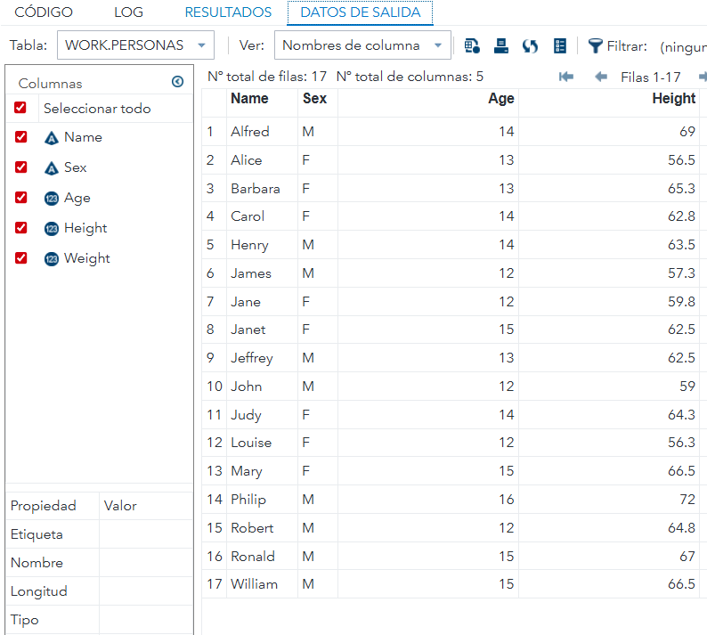 Tabla resultante tras filtrar en Data Step (dataset MAYORES con edad ≥ 18).